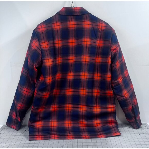 Men's Quilted Flannel Shirt Jacket Plaid Blue & Orange Sz. L Pearl Snap Vintage - Picture 2 of 13